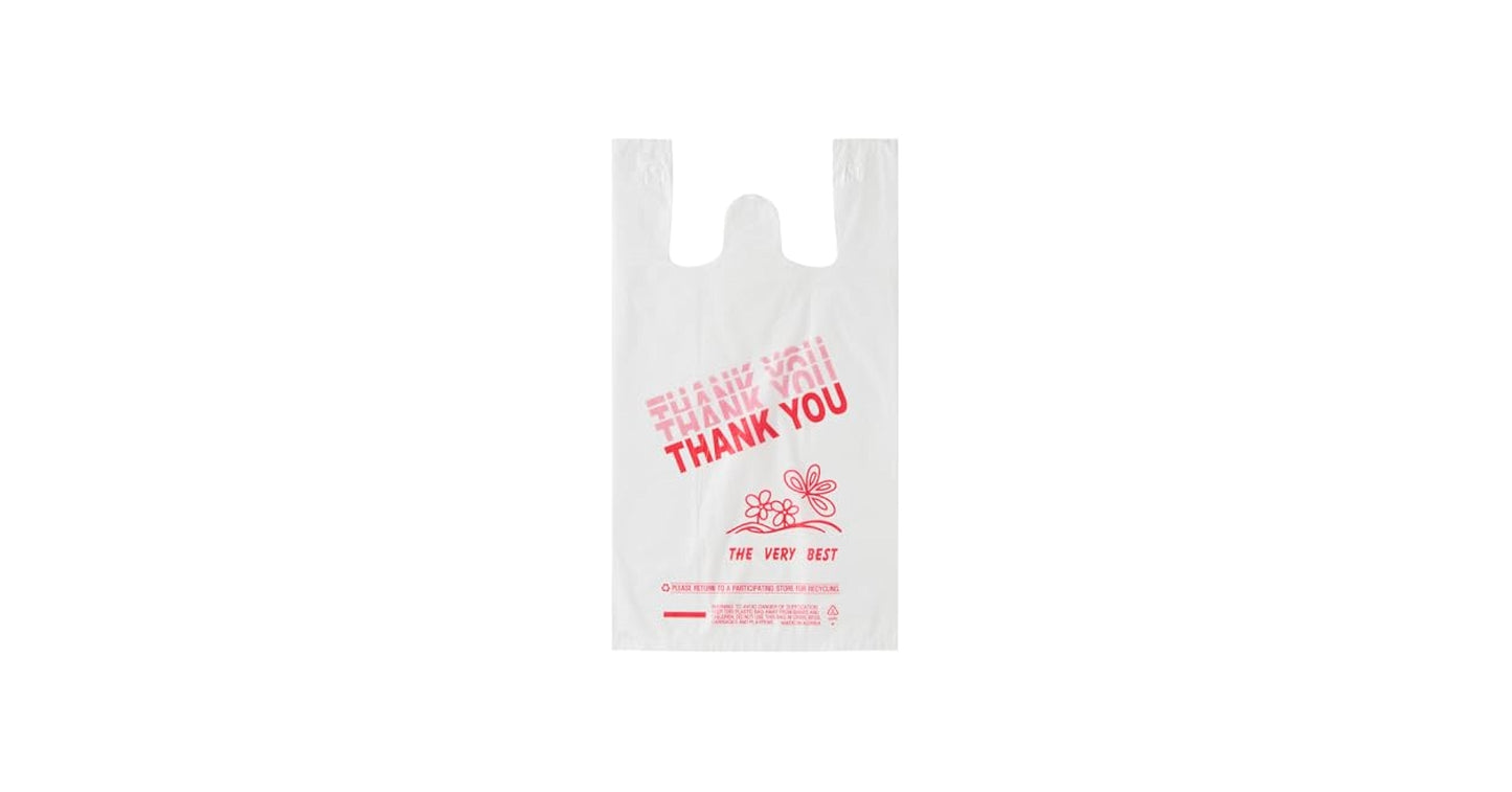 white “Thank You” T-Shirt Bags – 1/6 Size, 12″ x 7″ x 22″, 17 Mic (400/Case)