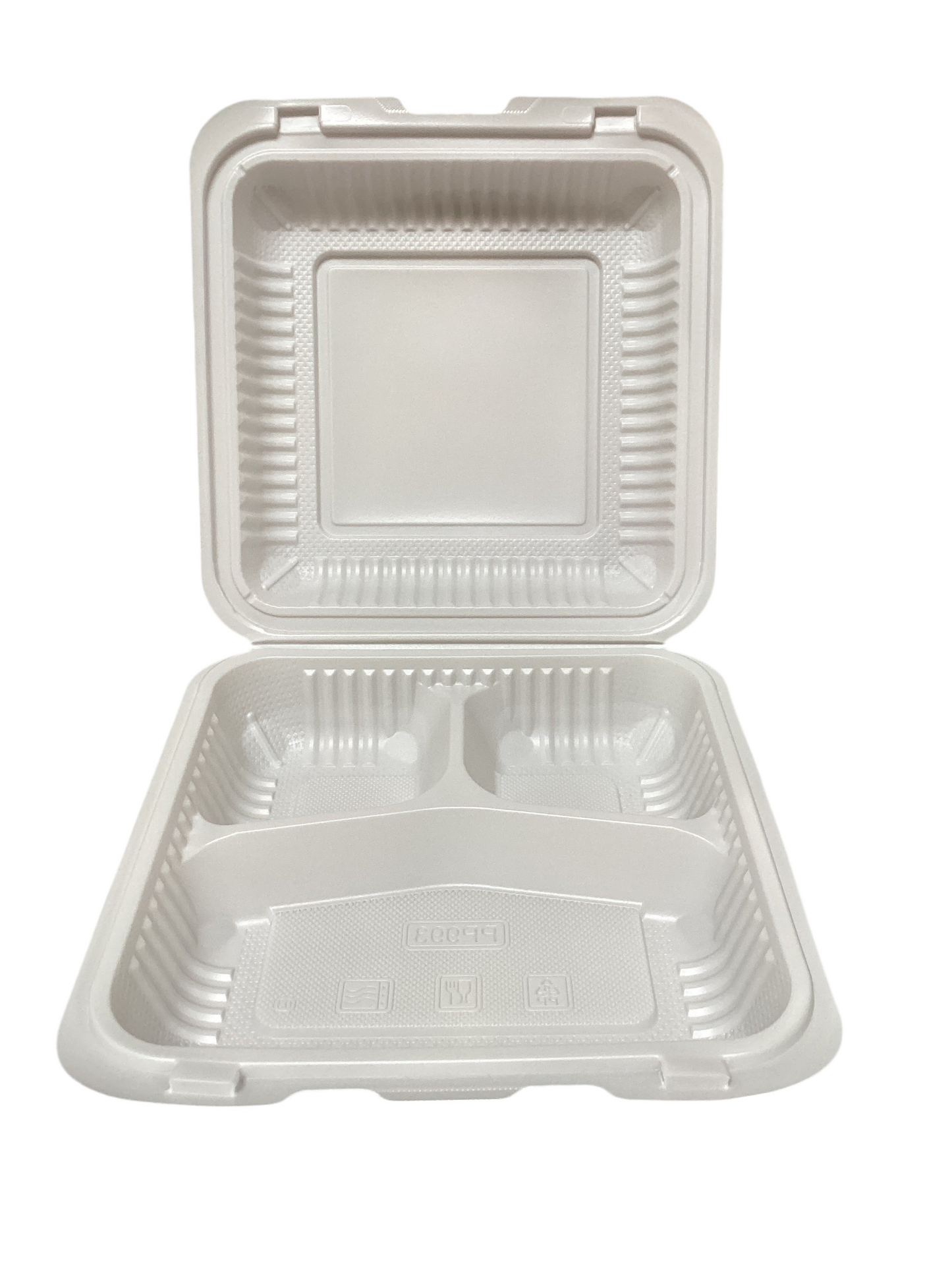 PW93 (236) PP ECO White Hinged Container 9x9x3", 3 compartment 150pcs/case