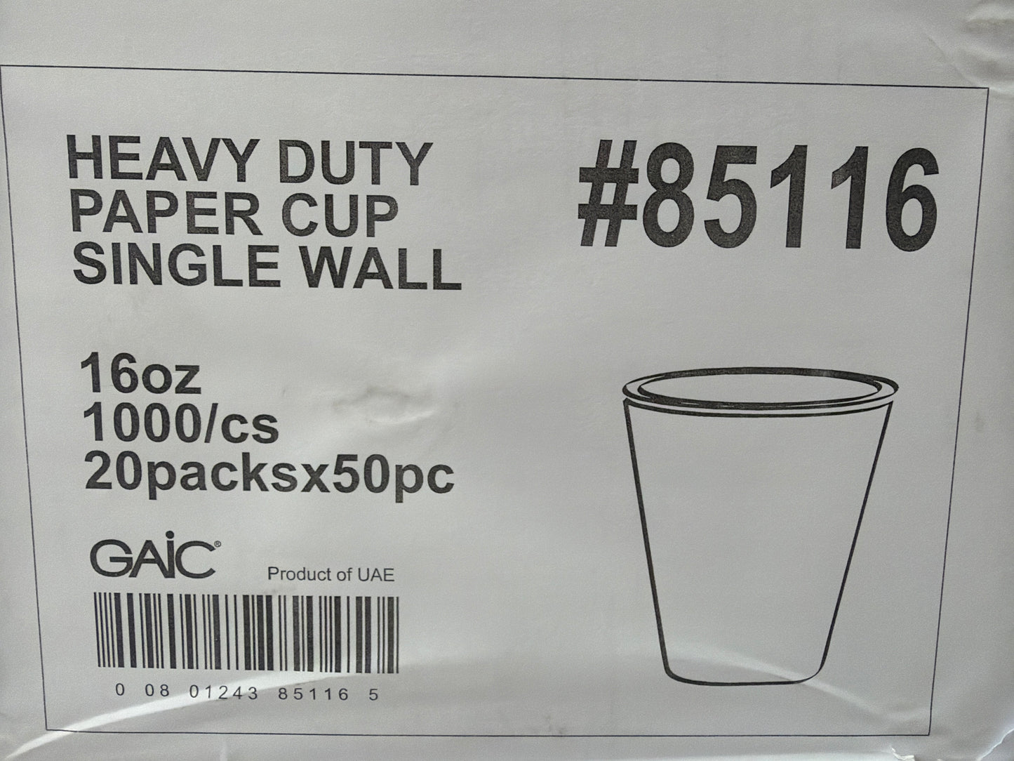 Heavy Duty Paper Cup Single Wall 16oz (1000 pcs 20pk x 50)