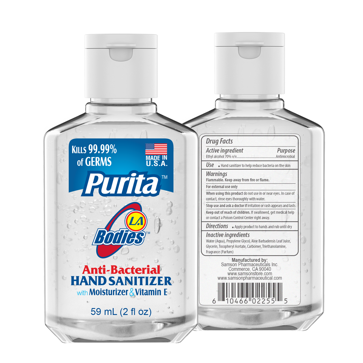 Purita LA Bodies Hand Sanitizer 2 fl oz Bottles – 18 Pack with Vitamin E and Aloe