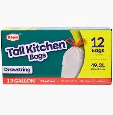Ri-Pac" Drawstring, 13GL/12CT, Tall Kitchen Bags, White