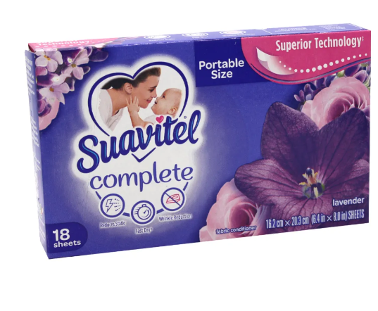 Suavitel Lavender Dryer Sheets 18 count box wholesale pack for fabric care