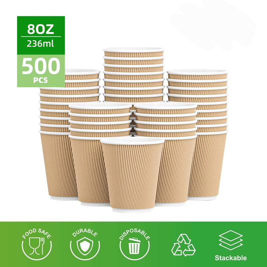 RL4-27 8oz Double Wall Ripple Kraft Paper Hot Cups 500pcs