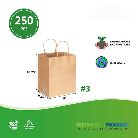 #3 - 8" x 4.5" x 10.25" Natural Kraft Paper Shopping Bag with Twist Handles - 250/Case