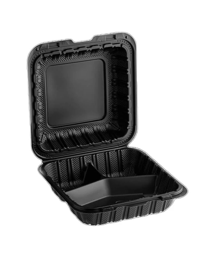 8x8x3 PP Hinged Container Black 3 compartment 150pcs