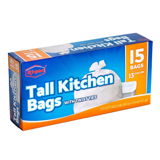 Ri-Pac 13 Gallon Extra Strong Tall Kitchen Bags with Twist Ties 15 Count White