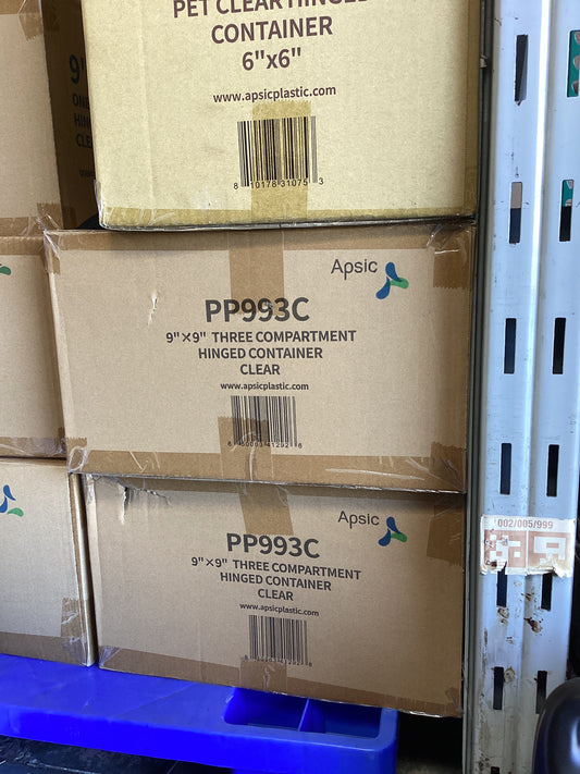 RL3-22 9x9 3 compartment Clear Hinged Container 150pcs Item# PP993C