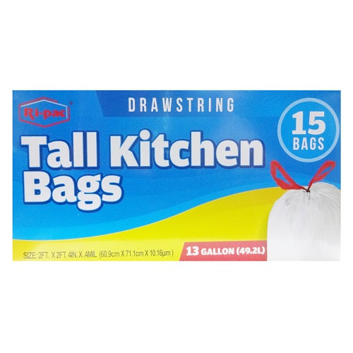 Ri-Pac 13 Gallon White Tall Kitchen Bags with Drawstring 15 Count