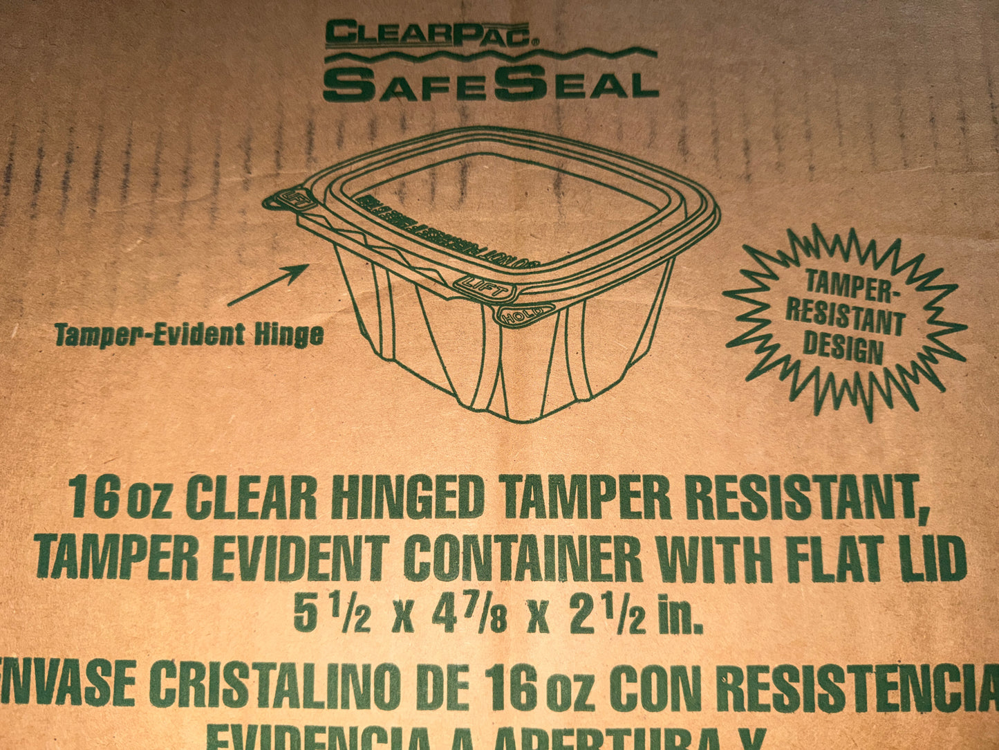 16 oz Clear Hinged Tamper Resistant Container w/flat lid 200 pcs/case