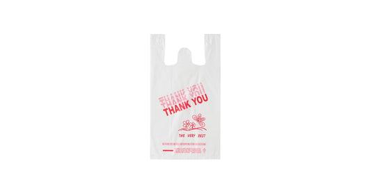 white “Thank You” T-Shirt Bags – 1/6 Size, 12″ x 7″ x 22″, 17 Mic (400/Case)
