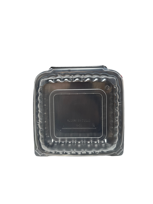(1409) Plastic Hinged container(Clear top, Black bottom) 1-COMPARTMENT 9"X9" X3" 150PCS/CASE