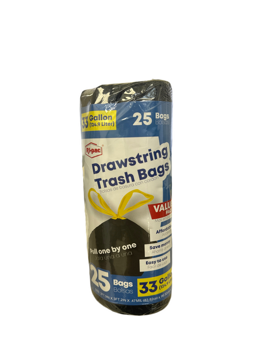33 Gallon Drawstring Trash Bags Roll 25 Count Black