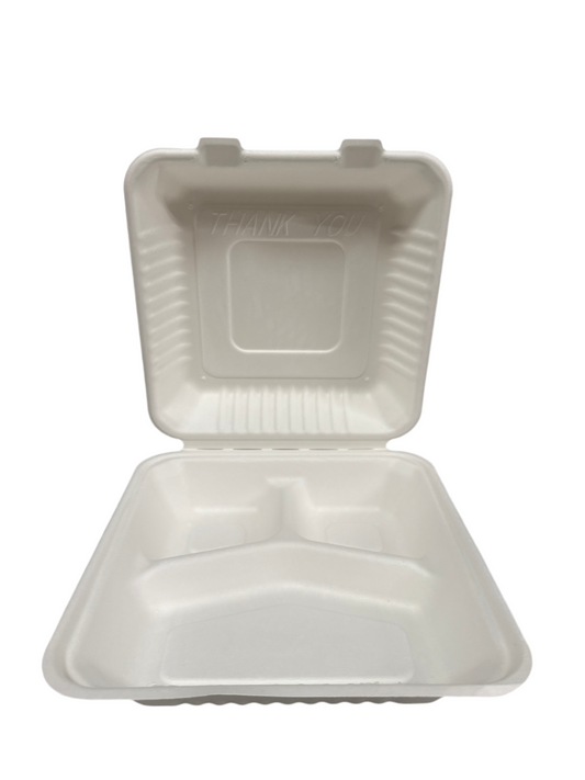 (332) Sugarcane White Hinged container 9x9 3compartment 200pcs/case PFAS FREE
