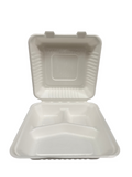(332) Sugarcane White Hinged container 9x9 3compartment 200pcs/case PFAS FREE
