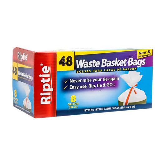 Riptie 8 Gallon Value Pack Tall Kitchen Trash Bags 48 Count White