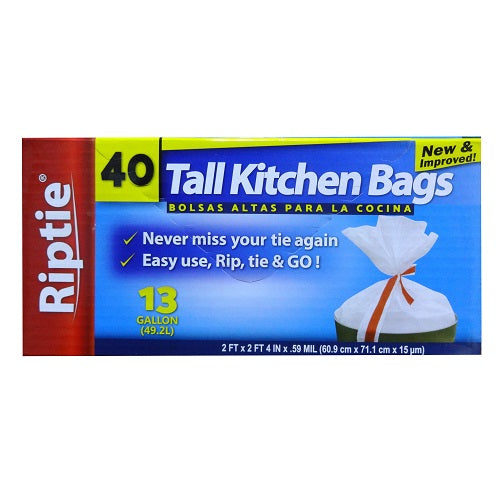 Riptie 13 Gallon Tall Kitchen Trash Bags 40 Count White