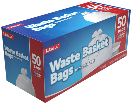LA Value 8 Gallon Waste Basket Bags with Twist Ties 50 Count