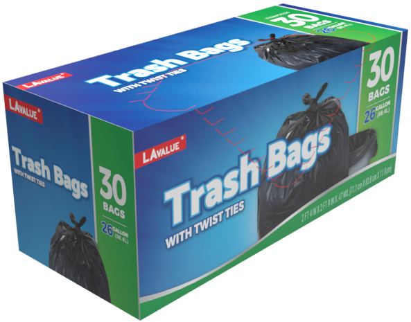 LA Value 26 Gallon Trash Bags with Twist Ties 30 Count Black