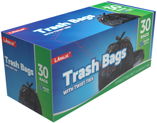 LA Value 26 Gallon Trash Bags with Twist Ties 30 Count Black