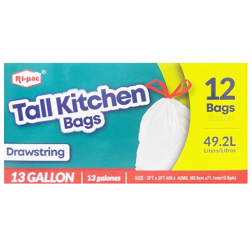 Ri-Pac 13 Gallon White Tall Kitchen Bags with Drawstring 12 Count