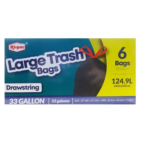 Ri-Pac 33 Gallon Large Black Trash and Yard Bags with Drawstring 6 Count