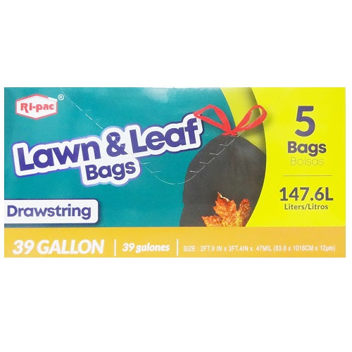 Ri-Pac 39 Gallon Lawn and Leaf Drawstring Bags Black 5 Count