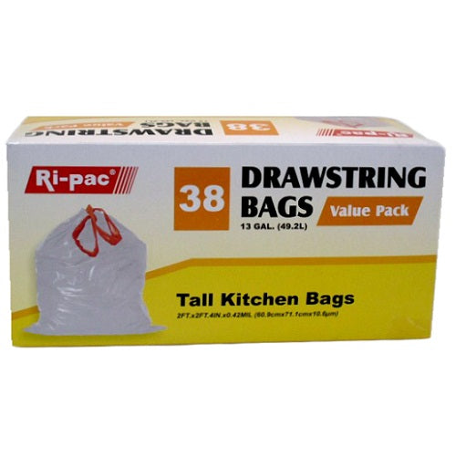 Ri-Pac 13 Gallon Tall Kitchen Drawstring Trash Bags 38 Count White