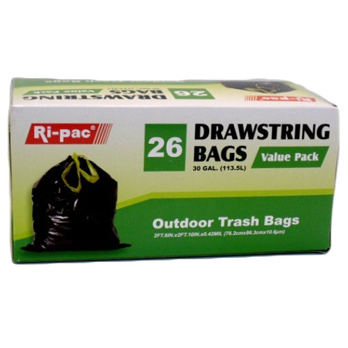 Ri-Pac 30 Gallon Outdoor Trash Bags with Drawstring, 26 Count Value Pack – Black Heavy-Duty Garbage Bags