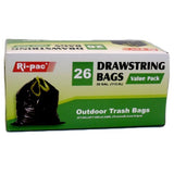 Ri-Pac 30 Gallon Outdoor Trash Bags with Drawstring, 26 Count Value Pack – Black Heavy-Duty Garbage Bags