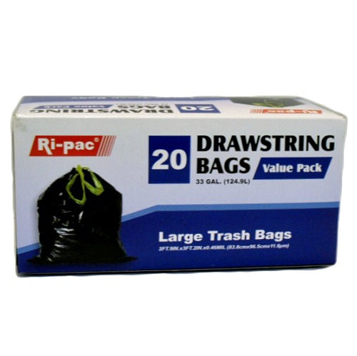 Ri-Pac 33 Gallon Large Drawstring Trash Bags 20 Count Black