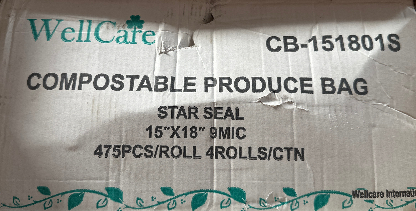 RL2-10 Compostable Produce Bag 15x18 9 mic 475/roll 4 rolls item#CB-151801S