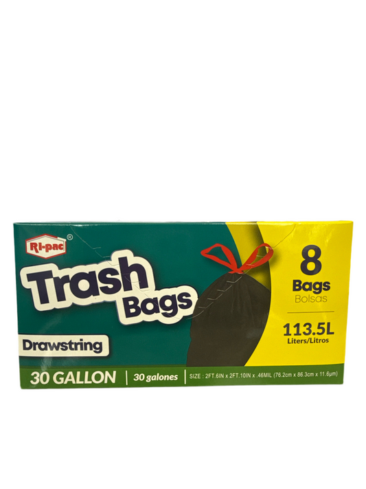 Ri-Pac 30 Gallon Outdoor Black Trash Bags with Drawstring 8 Count