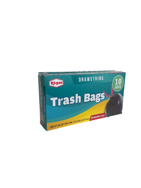Ri-Pac 30 Gallon Black Trash Bags with Drawstring 10 Count