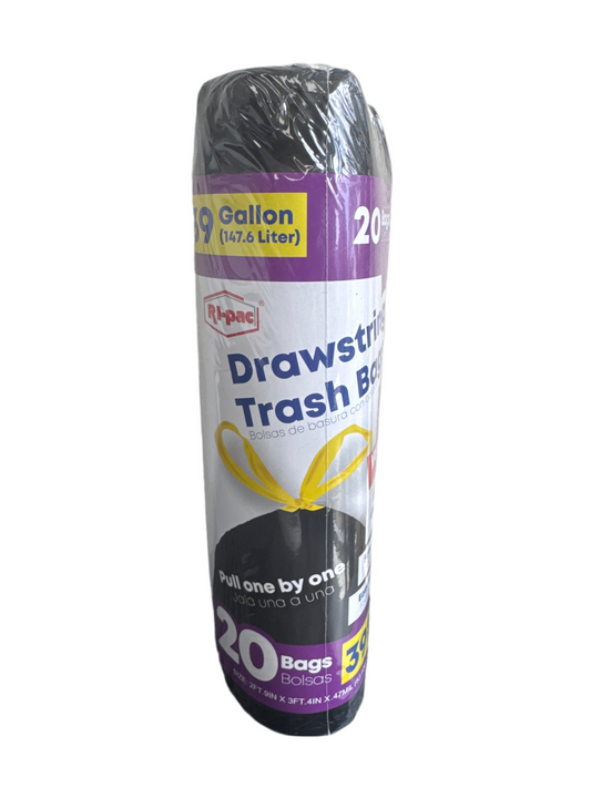 39 Gallon Drawstring Trash Bags Roll 20 Count Black