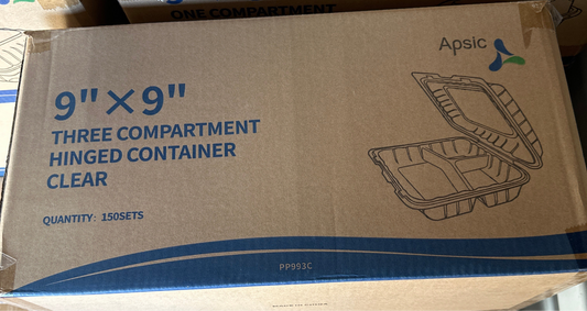 RL3-22 9x9 3 compartment Clear Hinged Container 150pcs Item# PP993C