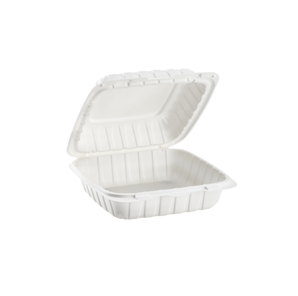 8x8 microwaveable white plastic hinged takeout container with lid open – 1 compartment, 150 per case