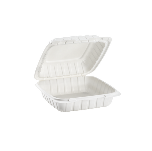 8x8 microwaveable white plastic hinged takeout container with lid open – 1 compartment, 150 per case