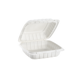 8x8 microwaveable white plastic hinged takeout container with lid open – 1 compartment, 150 per case