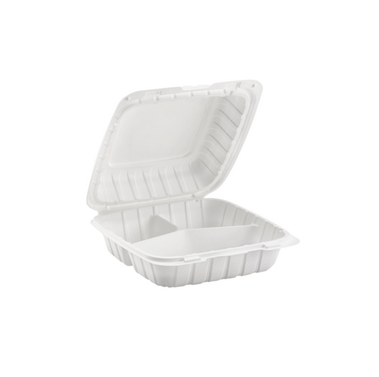 8x8 3-Compartment Microwaveable White Plastic Hinged Takeout Container