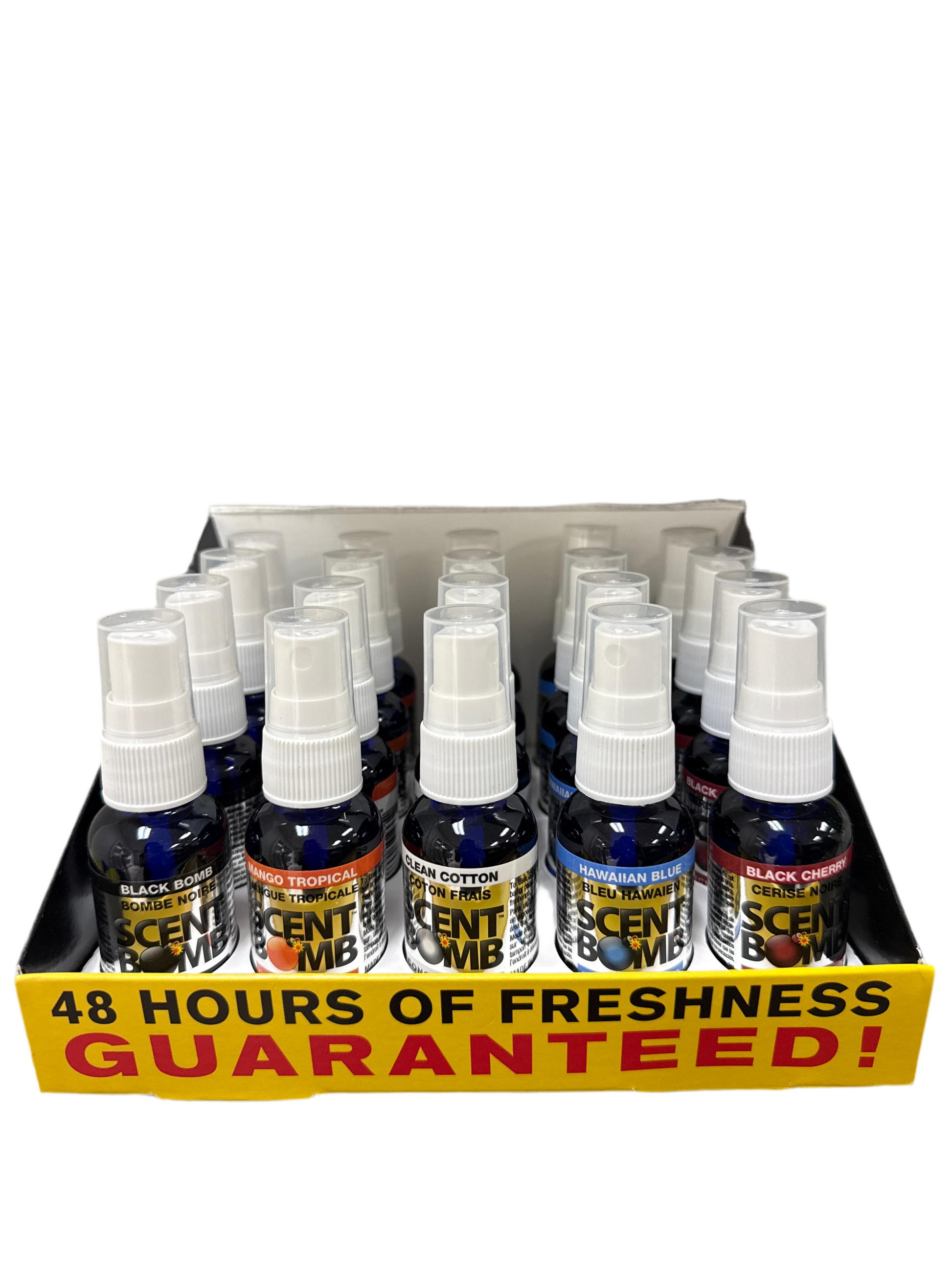 Display box of Scent Bomb 1oz air freshener sprays – 20 pack assorted scents