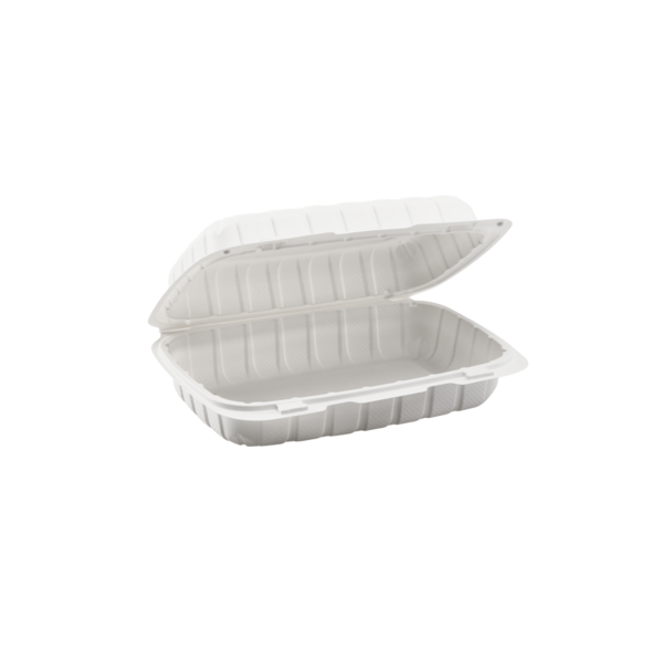 6x9 white microwaveable hinged plastic food container with one compartment, ideal for takeout and catering