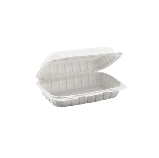 6x9 white microwaveable hinged plastic food container with one compartment, ideal for takeout and catering