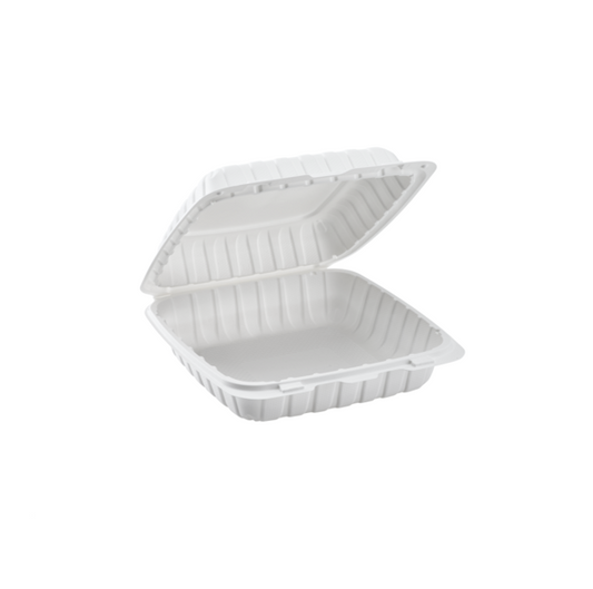 9x9 microwaveable white plastic hinged food container with secure lid – 150 per case