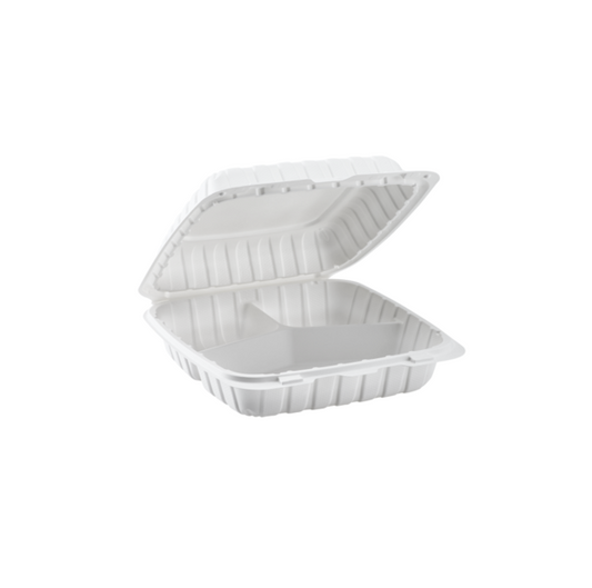 9x9 3-Compartment Microwaveable White Plastic Hinged Container – Bulk Pack of 150