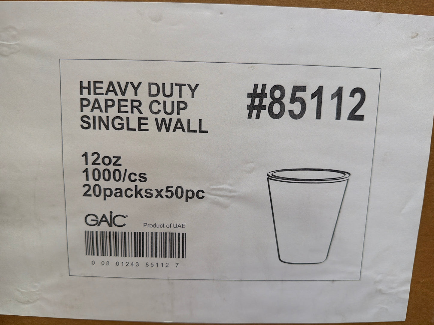 12 oz Heavy Duty Paper Cup Single Wall (1000 pcs 20pk x 50pc)