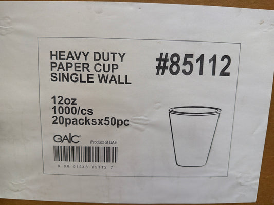 12 oz Heavy Duty Paper Cup Single Wall (1000 pcs 20pk x 50pc)