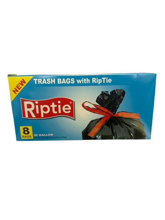 Riptie 30 Gallon Black Trash Bags with RipTie Closures 8 Count