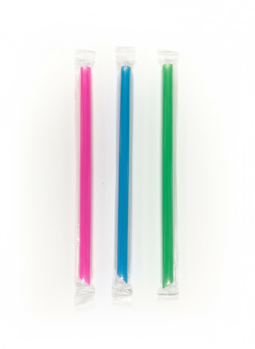 (1107) Boba Straw poly wrapped, colossal, Diagonal Cut mixed colors 1600pcs/case