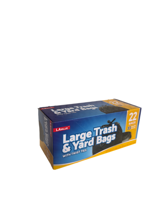 LA Value 33 Gallon Large Trash & Yard Bags with Twist Ties, 22 Count Box – Heavy-Duty Black Garbage Bags