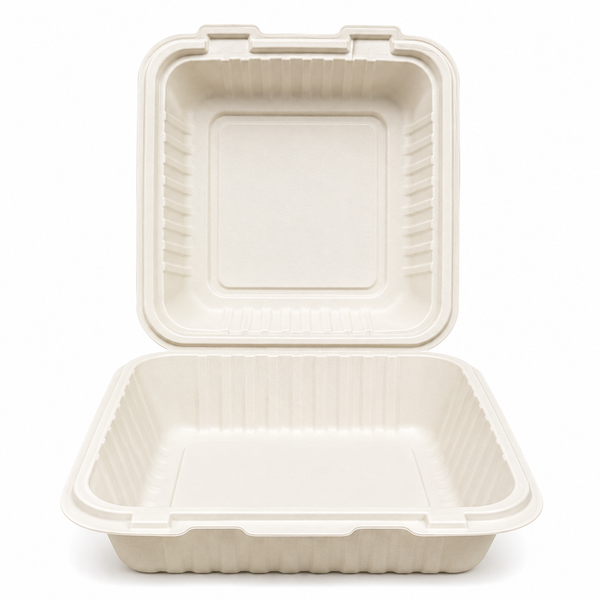 A7- 6x6 Sugarcane Clamshell White Hinged Container 500pcs